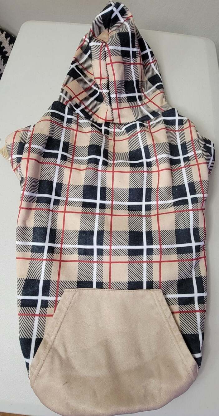 Tan Plaid Fleece-Lined Dog Hoodie with Kangaroo Pocket